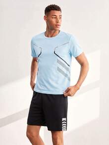 Driftmere 2pcs/Set Men's Summer Short Sleeve Outfit, Casual Sports Round Neck T-Shirt + Shorts Set Gym Running - Blue - View 1