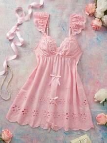 Elorette Pink Embroidered Flutter Sleeve A-Line Hem Loose Bow Bohemian Romantic Pastoral Women's Nightgown - Pink - View 1
