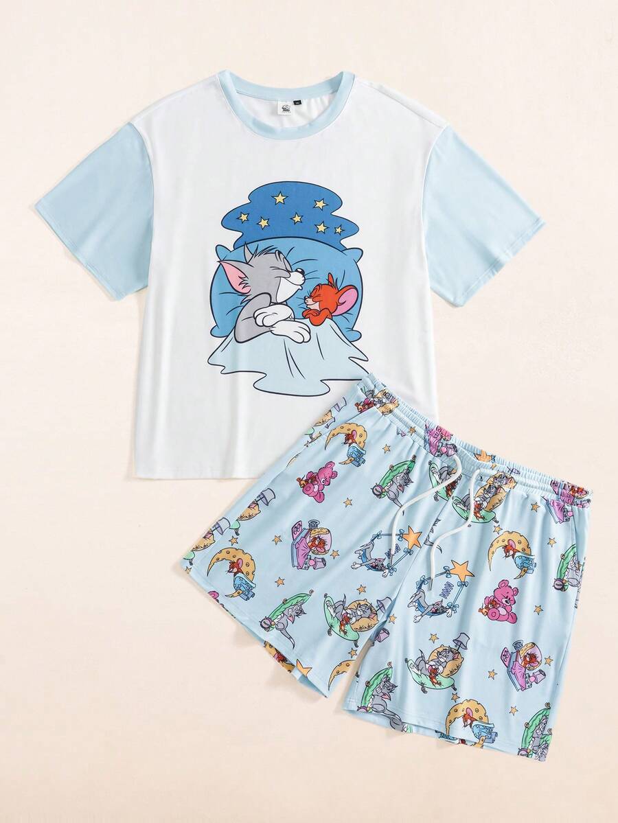 TOM & JERRY X SHEIN Plus Size Men's Colorblock Patchwork Cartoon Print Pajama Set - Blue and White - View 1