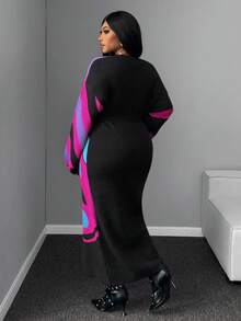 Maweii Women's Retro V-Neck Long-Sleeved Vacation Jacquard Black Slit Long Dress Purple Metal Ring Belt Plus Size Sweater Wrap Autumn Going Out - Multicolor - View 3