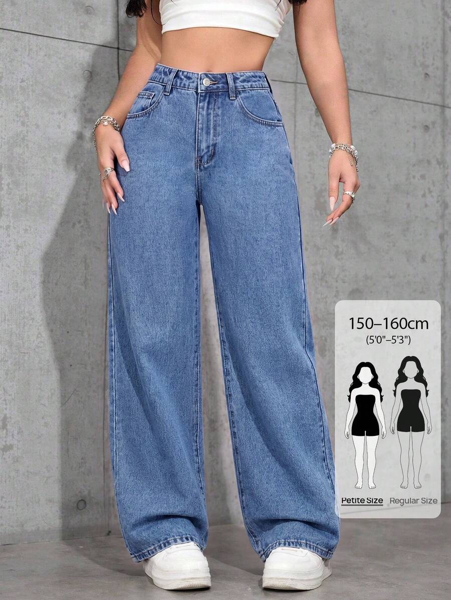 SHEIN PETITE 女款純色休閒丹寧牛仔褲 學校風 水藍色 夏季 小碼女款 - 中等水洗藍 - 查看 1