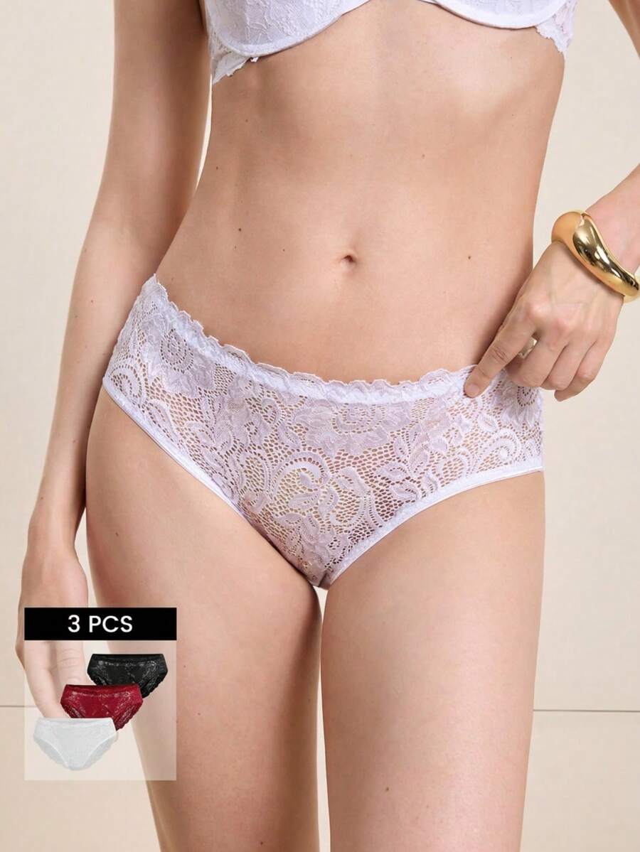 Set de 3 bragas sexy con parches de encaje y borde festoneado, transpirables