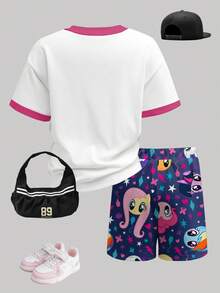 My Little Pony X SHEIN Young Girl Cartoon Print Contrast Trim Short Sleeve T-Shirt And Shorts Casual Daily Set - White - View 2