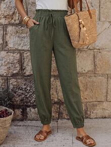 SHEIN Holidaya Pantalones de cintura con volante con nudo delantero - Verde militar - Ver 3