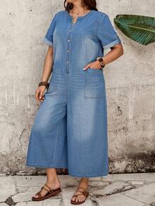 EMERY ROSE EMERY ROSE Plus Size Women's Button Half-Front Short Sleeve Wide Leg Denim Jumpsuit - Light Wash - View 3