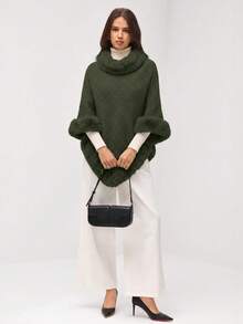 SHEIN Orluneo 时尚优雅的毛绒拼布斗篷毛衣，秋冬 - 綠色 - 查看 2