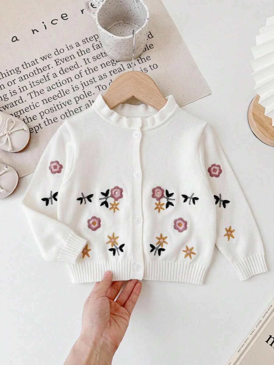 LMoss Kids 女嬰針織刺繡立領荷葉邊休閒秋季開襟衫 - 白色 - 查看 1