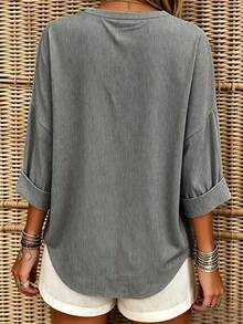 EMERY ROSE Women's Striped V-Neck Casual Loose Pocket Shirt - Dark Grey - View 2