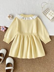 SHEIN Baby Girl Colorblock Patchwork Ruffle Long Sleeve Cute Knitted Dress - Yellow - View 6
