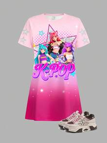 Tween女孩休閒簡約K-Pop卡通女孩彩色漸層女團短袖中長洋裝，適合夏季 - 彩色 - 查看 2