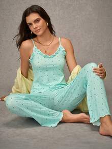Esseday Conjunto de pijama con camiseta de tirantes con volantes y estampado de lunares y pantalón largo, conjunto de pijama de lunares para mujer, ropa de dormir, conjunto de pijama sin mangas para mujer - Verde - Ver 7