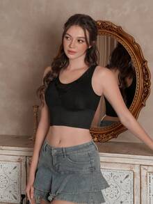 Myrelith 1件女款運動蕾絲拼接休閒打孔寬鬆修身上衣 - 黑色 - 查看 4