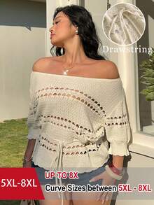 SHEIN CURVE+ 大尺碼女款休閒簡約優雅浪漫溫柔日常通勤街頭風百搭度假野餐設計感上衣，年輕露肩短袖抽繩鏤空荷葉邊杏色收腰大尺碼套頭上衣時尚針織鉤編毛衣，春夏針織罩衫女上衣露肩上衣女上衣女款新品襯衫女休閒現代最新女上衣新品 - 杏色 - 查看 1