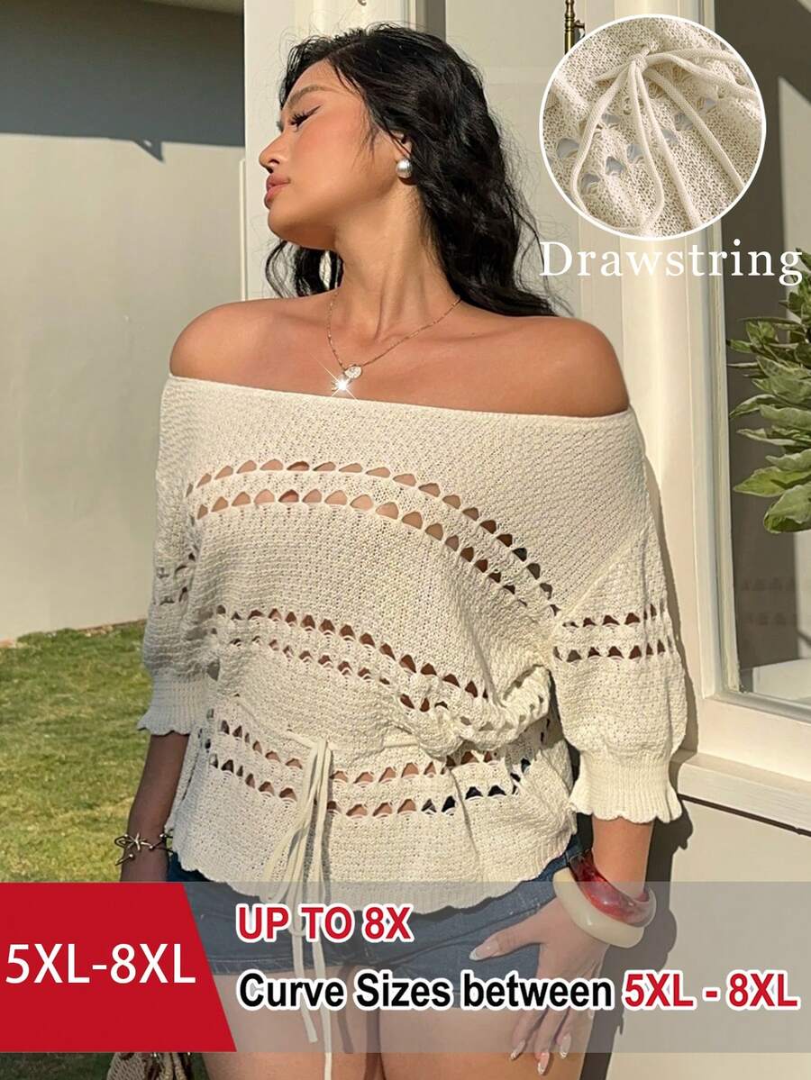 SHEIN CURVE+ 大尺碼女款休閒簡約優雅浪漫溫柔日常通勤街頭風百搭度假野餐設計感上衣,年輕露肩短袖抽繩鏤空荷葉邊杏色收腰大尺碼套頭上衣時尚針織鉤編毛衣,春夏針織罩衫女上衣露肩上衣女上衣女款新品襯衫女休閒現代最新女上衣新品 - 杏色 - 查看 1