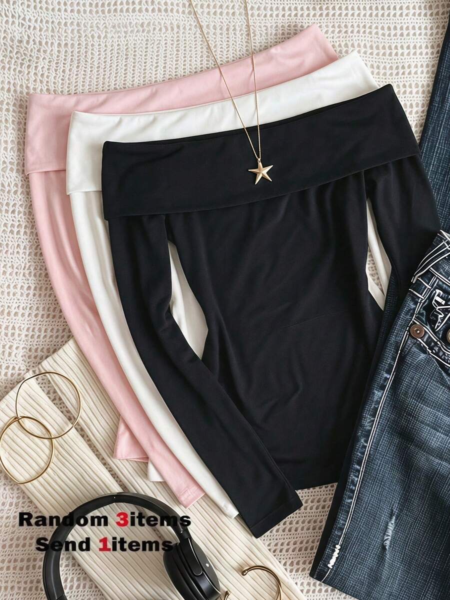 SHEIN Sparklyn ملابس علوية خريفية للفتيات المراهقات بلون موحد، بدون أكتاف، أكمام طويلة، مرنة، ياقة دائرية، جرس، مجعدة، محبوكة - وردي - مشاهدة 1