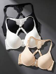 DesireSculpt 3pcs/Set Front Closure Sexy Lace Patchwork Bra Set - Multicolor - View 1