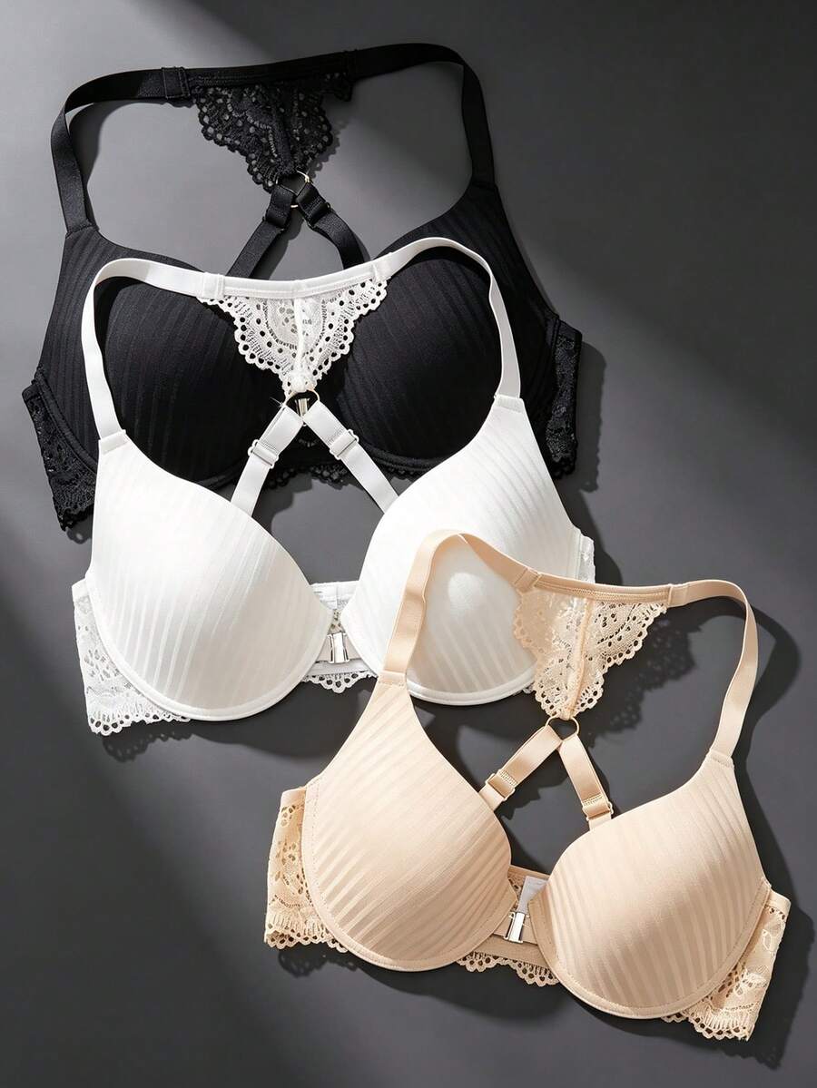 DesireSculpt 3pcs/Set Front Closure Sexy Lace Patchwork Bra Set - Multicolor - View 1