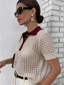Franclia ملابس علوية نسائية محبوكة بتصميم ألوان متباينة كاجوال متعددة الاستخدامات للارتداء اليومي - بيج - مشاهدة 4