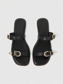 Sleekvia Ladies Comfortable Flat Wear-Resistant Versatile Metal Outdoor Flip-Flops Slippers - Black - View 2