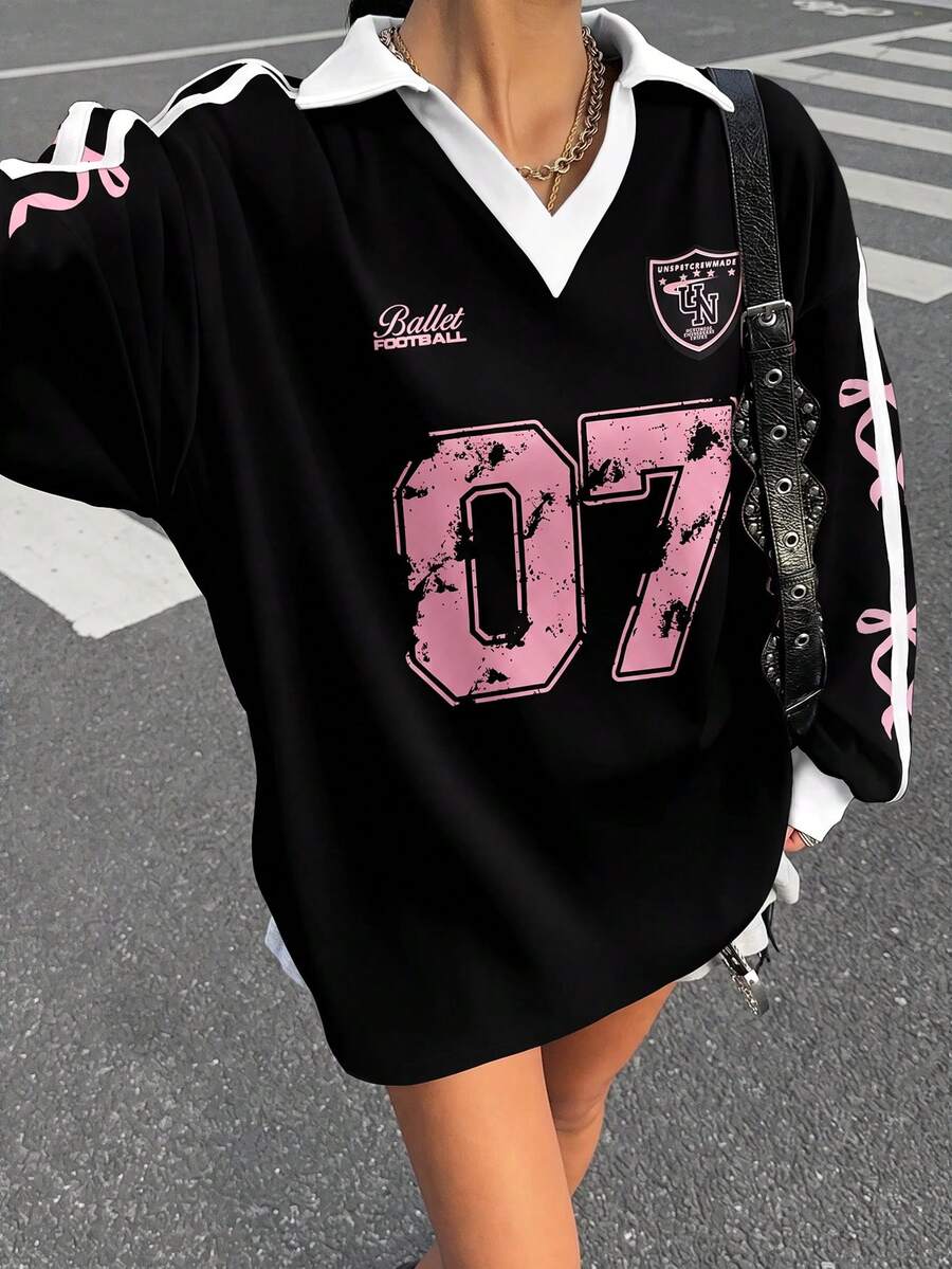 青少年女孩數位蝴蝶結印花長袖休閒運動衫 - 黑色 - 查看 1