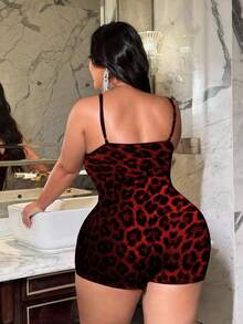 SHEIN CURVE+ 夏季大码性感蕾丝豹纹吊带连体裤 - 紅色 - 查看 5