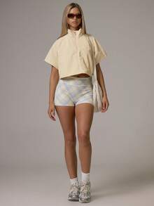 Musera Sport Funnel Neck Zip Through Short Sleeve Cropped Cinched Bungee Waist Nylon Style Jacket Fall Autumn Winter Gym Workout Cute - Butter Yellow - View 1