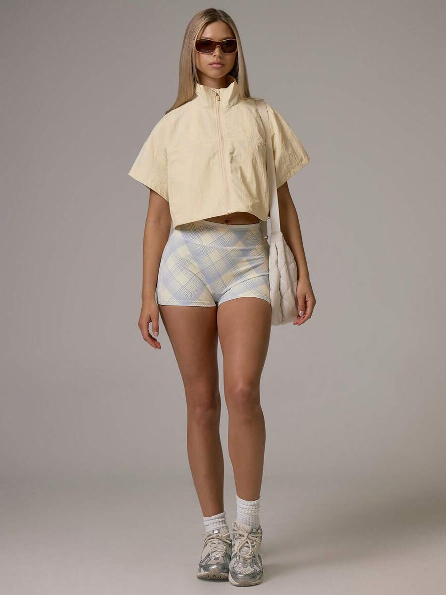 Musera Sport Funnel Neck Zip Through Short Sleeve Cropped Cinched Bungee Waist Nylon Style Jacket Fall Autumn Winter Gym Workout Cute - Butter Yellow - View 1