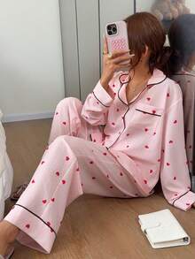Napfluff 新款女款夏季長袖長褲可愛愛心印花睡衣套裝 - 粉色 - 查看 4