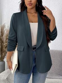SHEIN LUNE Plus Size Women's Solid Color Pleated Sleeve Blazer In Fall/Winter - Green - View 4