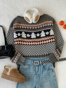 Comfortcana Women's Christmas Ghost Geometric Pattern Knit Top - Multicolor - View 1