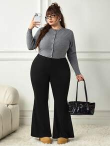 SHEIN CURVE+ Plus Size Casual Versatile Solid Color Flare Pants Fall - Black - View 8