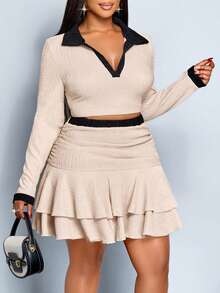 SHEIN PETITE CURVE 女士优雅撞色 Polo 领短袖 T 恤和撞色褶皱双层荷叶边半身裙 - 杏色 - 查看 6