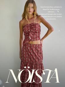 Nöista 佩斯利印花長裙，帶荷葉邊裙襬，優雅秋季休閒裙，開學季、外出、週末風格 - 紅色 - 查看 11