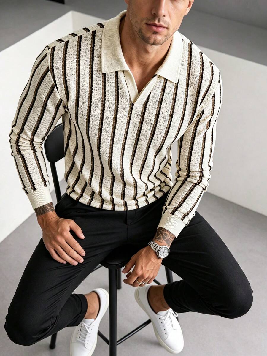 Manfinity Dauomo Men's Casual Striped Long Sleeve T-Shirt, Spring/Autumn - Apricot - View 1