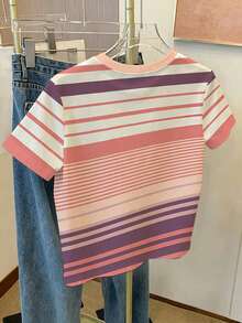 Tween Girl Casual Minimalist Muted Tone Striped With Floral Logo Graphic, Fashion Classic, Versatile Must-Have, Back To School, Short Sleeve Crew Neck T-Shirt Suitable For Summer, Graphic, Kawaii, Graphic Print, Y2K, Cute Tops - Multicolor - View 2
