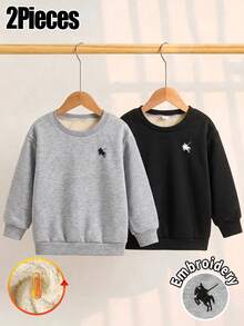 Elladie kids 2件組中性女童純色馬刺繡長袖衛衣，精緻刺繡圓領上衣，適合冬季校園、日常、開學、度假、外出等多用途穿著 - 彩色 - 查看 4