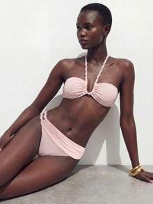 Maija Women's Ruched Halter Neck Vacation Tankini Swimwear Set Bathing Suits For Women - Pink - View 4