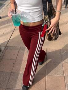 Muchica 女款酒紅色針織直筒運動長褲，適合健身房、秋季運動休閒穿搭 - 酒紅色 - 查看 4