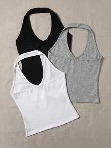 SHEIN EZwear 3件組大尺碼女款純色休閒柔軟修身百搭日常穿搭掛脖上衣 正式度假風 黑白色 夏季 - 彩色 - 查看 2
