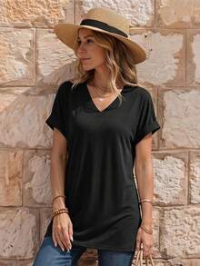 EMERY ROSE Batwing Sleeve Split Hem Tee - Black - View 3