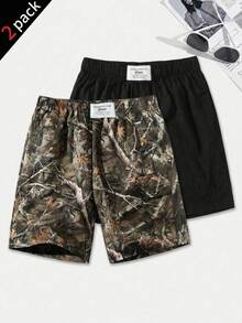 SHEIN 2件/組買1送1青少年男孩休閒葉子印花圖案短褲套裝，Y2K，夏季短褲，夏季，夏季服裝，適用於春季/夏季，外出，情人節，約會，旅行，度假，家庭聚會，返校，婚禮，晚宴，運動，生日派對 - 彩色 - 查看 5