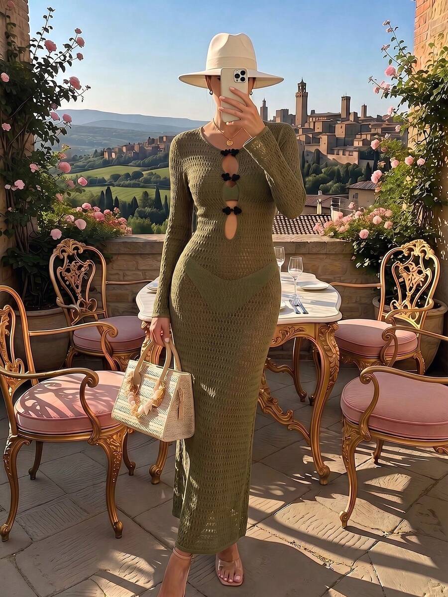 SHEIN Women's Elegant Knit Dress With Hollow-Out Button Design Vacation Olive Green Autumn - Dark Green - View 1