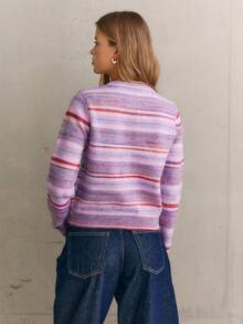Nöista Purple Striped Knit Cardigan Features Fitted,Cropped Cut, Soft,Youthful,Sweet. Versatile Practical Wardrobe Staple Fall Winter,. - Purple - View 5