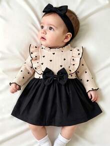 Girls' 2-Piece Style Heart Print Dress Fall Light Pink Ribbed Fabric With All-Over Little Black Hearts Ruffle Collar And Flutter Sleeves With Black Tr - Apricot - View 1