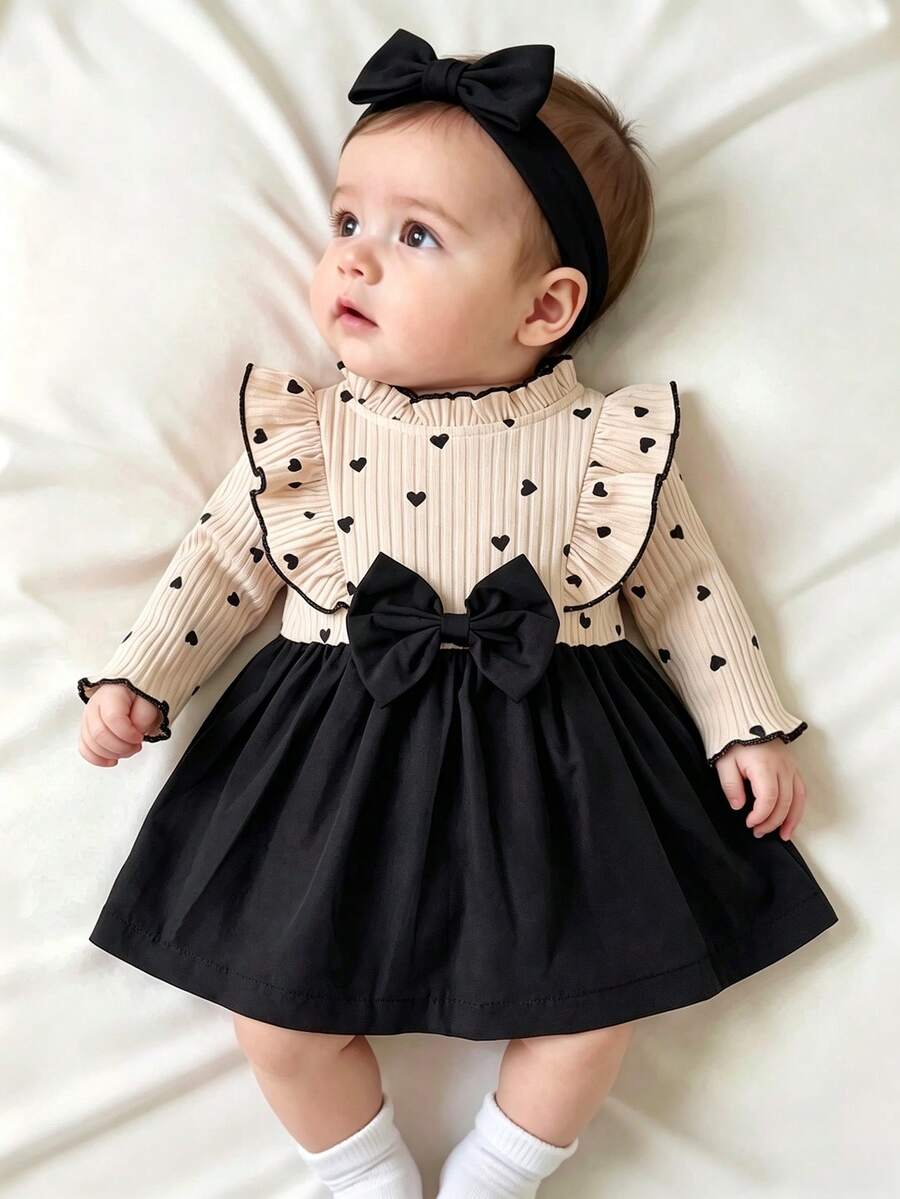 Girls' 2-Piece Style Heart Print Dress Fall Light Pink Ribbed Fabric With All-Over Little Black Hearts Ruffle Collar And Flutter Sleeves With Black Tr - Apricot - View 1