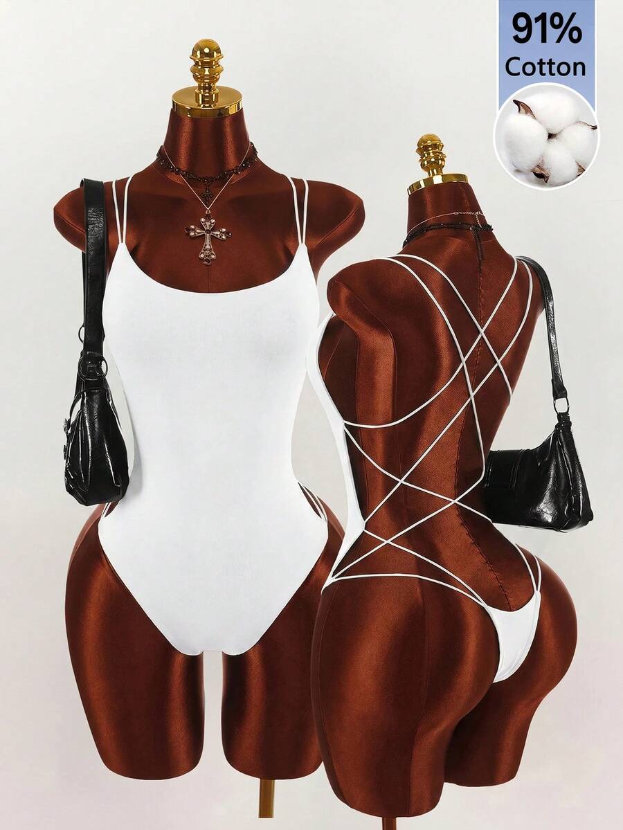 Amplova Bodysuit Pas Badan Tanpa Lengan dengan Tali Bahu Ganda dan Desain Silang - Putih - View 1