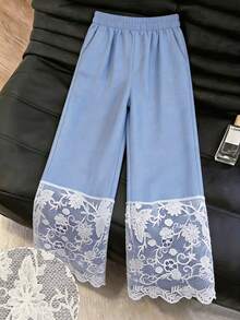 Modelyn Pantalones largos de pierna ancha con cintura elástica y patchwork de encaje para mujer, elegantes y de moda para uso casual de verano - Azul y blanco - Ver 2