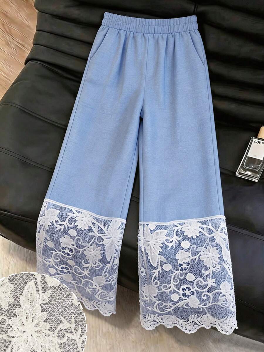 Modelyn Pantalones largos de pierna ancha con cintura elástica y patchwork de encaje para mujer, elegantes y de moda para uso casual de verano
