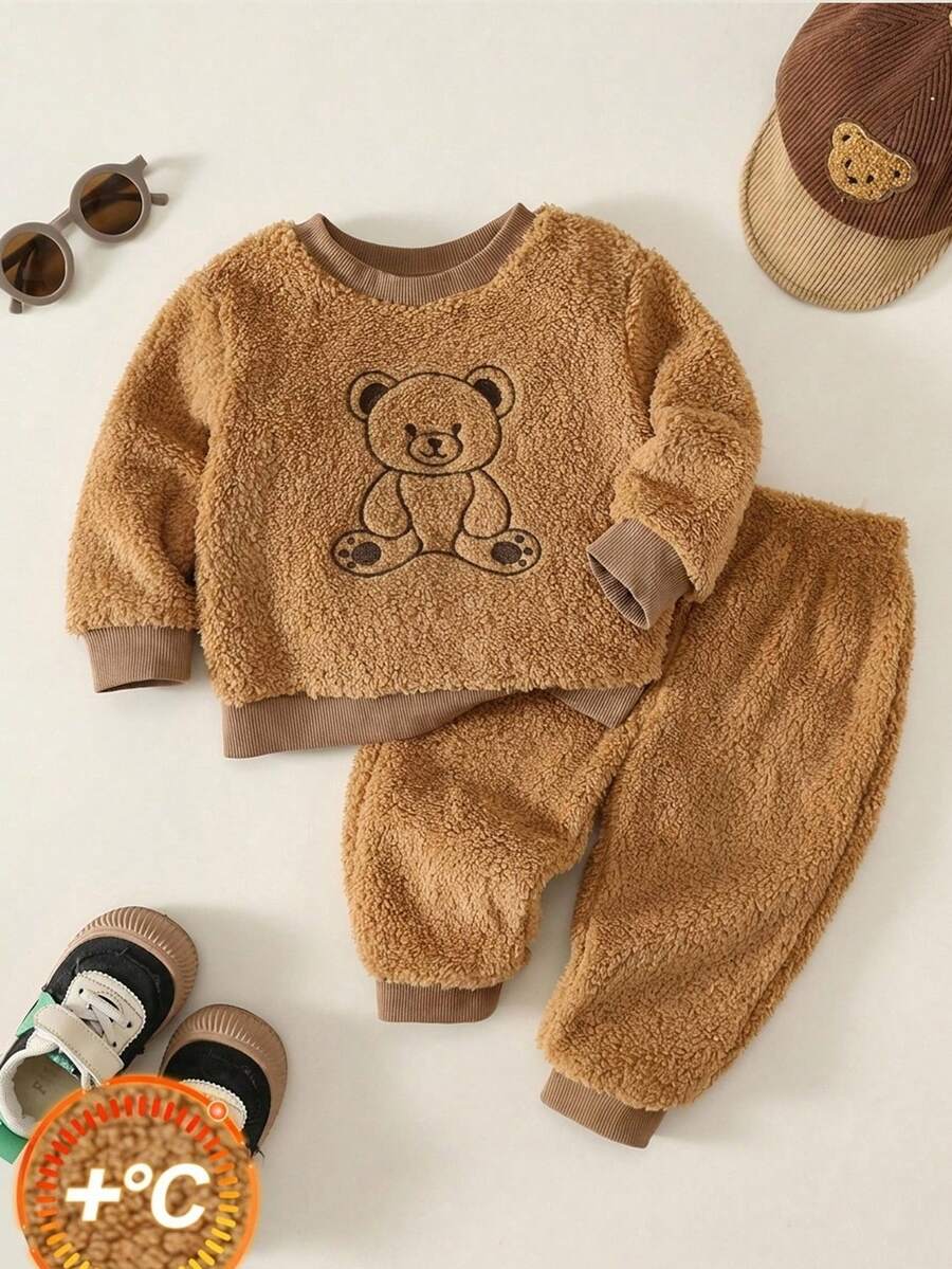 SHEIN 2件組男嬰絨毛圓領熊刺繡袖套套衫與鬆緊腰長褲,秋冬返校服裝 - 彩色 - 查看 1