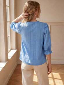 Écloséra Autumn French Fashion Elegant French Ruffle V-Neck Blouse, Navy Blue Puff Mid-Sleeve Loose Commuter Versatile Top Office Everyday - Blue - View 5